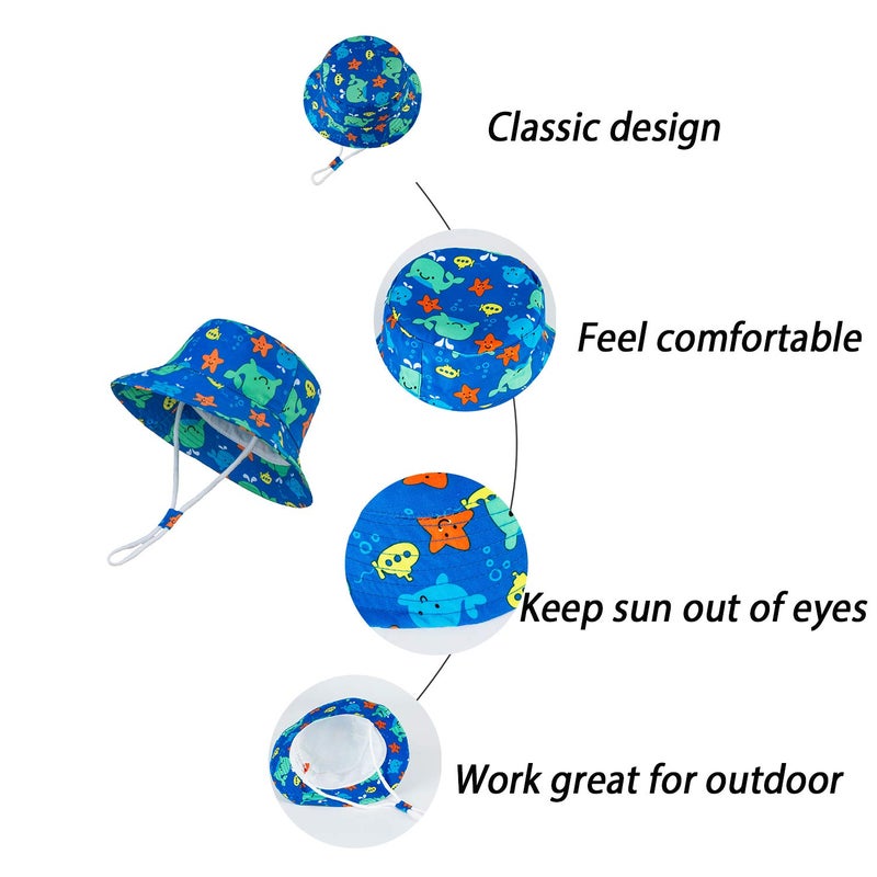 LANGZHEN Sun Protection Hat for Kids Toddler Boys Girls Wide Brim Summer Outdoor hat Baby Bucket Hat with Chin Strap (Blue-Whale, M: 1T-2T (50cm /19.7")) - Image 4